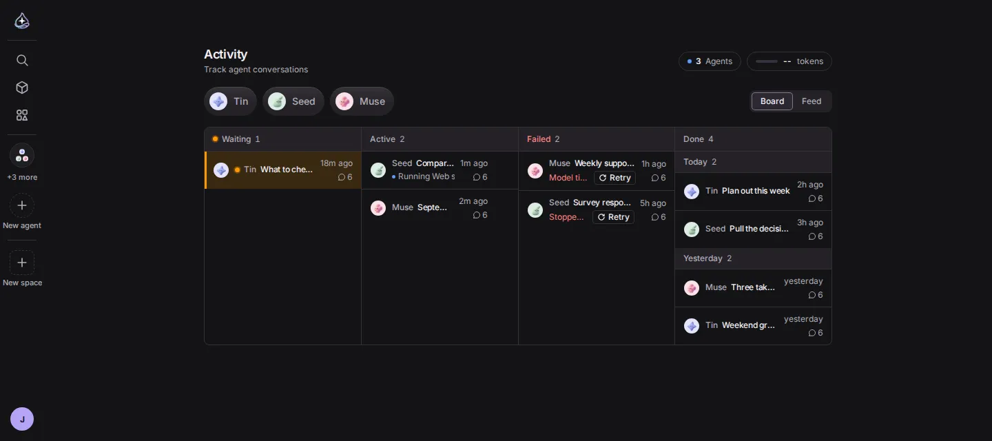 The activity board. One run is waiting for input, two are active, two have failed and four are done, split across four columns. Chips for three agents sit above the board.