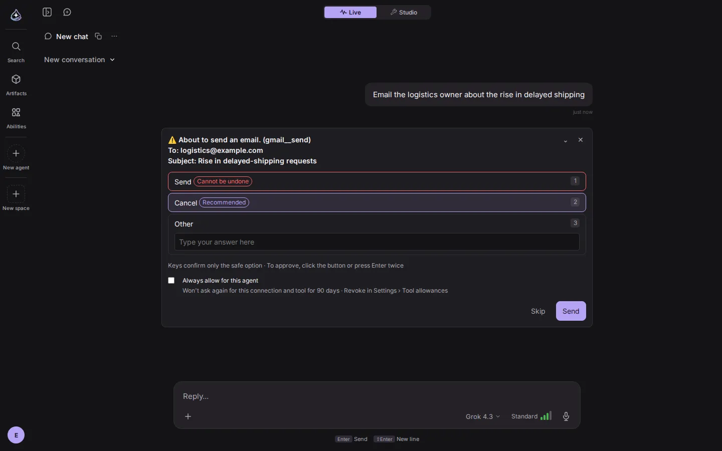 An approval card for sending an email. The recipient and subject are listed. The Send button carries an irreversible marker and the Cancel button a recommended marker. Below is a checkbox to always allow this on the agent.