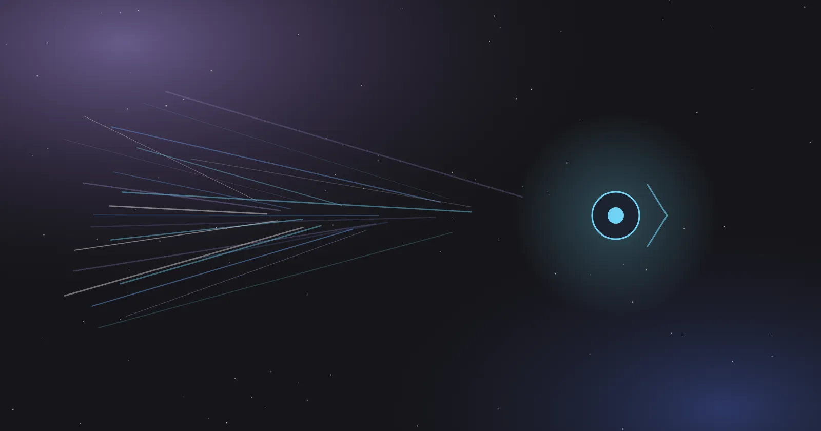 Streaks of light converge from the left onto a bright cyan circle, with a chevron pointing onward beside it.