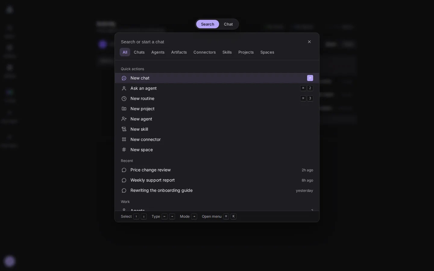 The search palette. Type tabs for all, chats, agents, artifacts, connectors, skills, projects and spaces run across the top, and quick actions list new conversation, new routine, new project and new agent.
