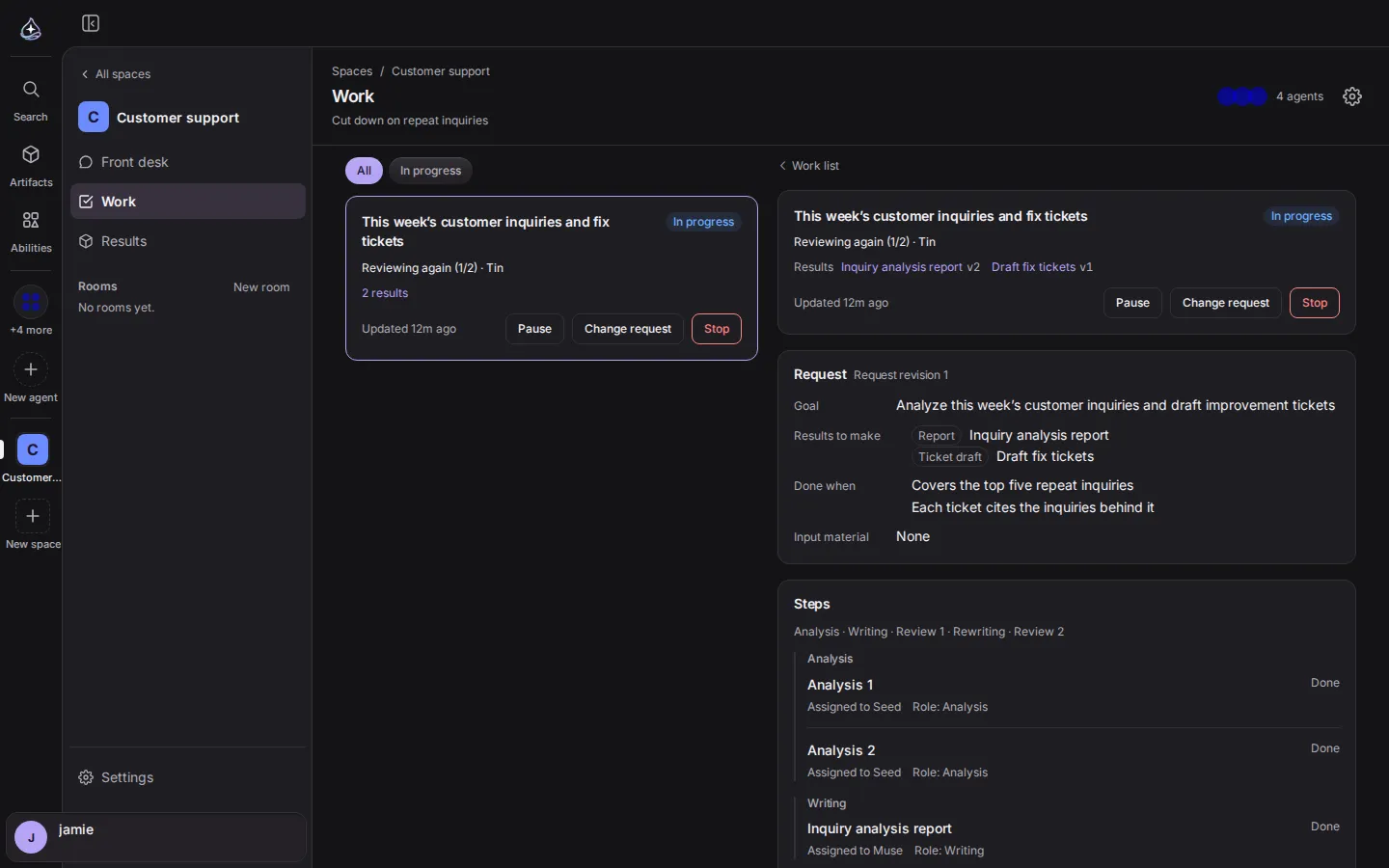 A Space's work screen. This week's customer-inquiry analysis and improvement tickets are in progress. The right side lists the goal, the results to produce, the completion criteria and the agent assigned to each step.