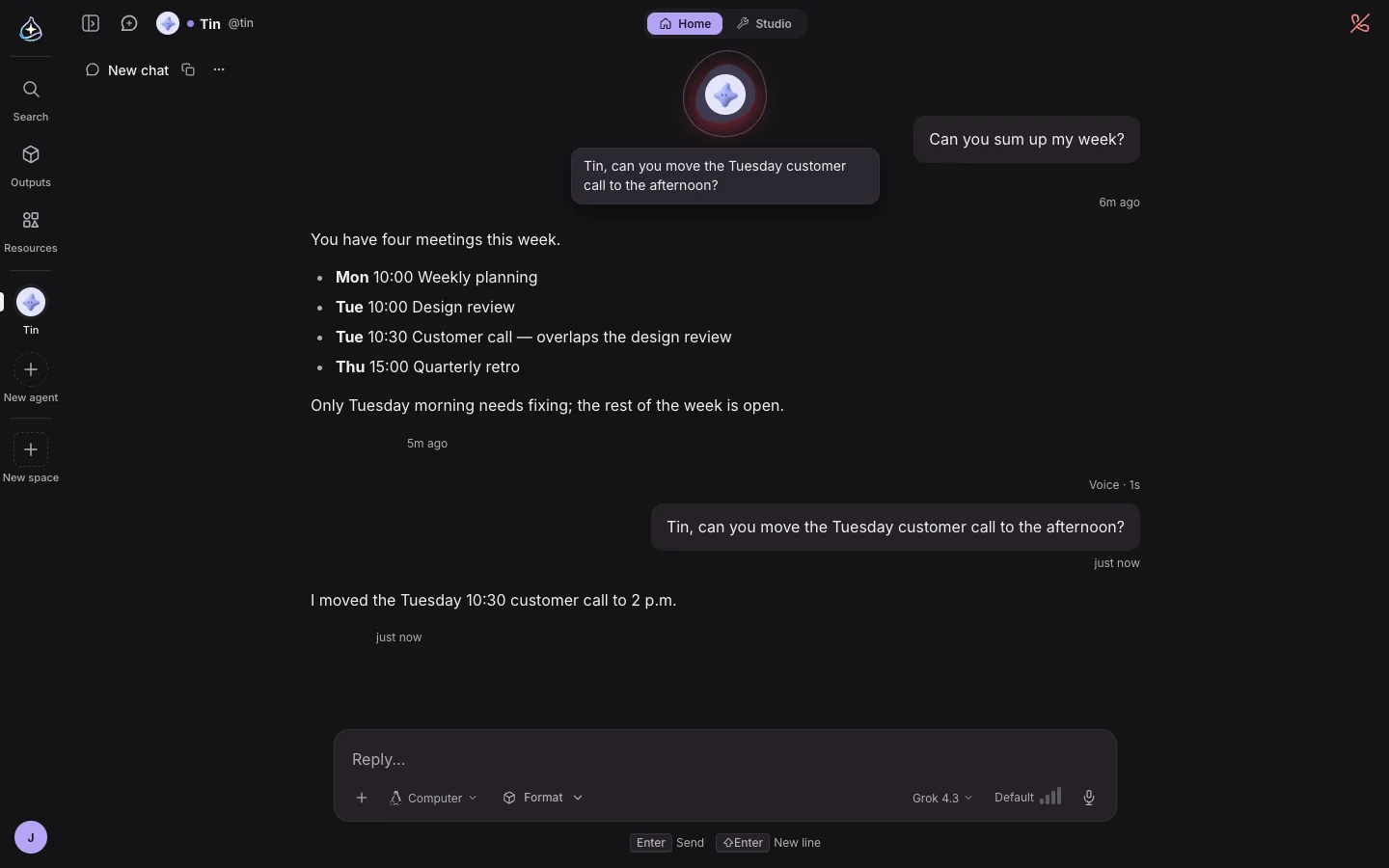 The real endue chat screen, with an agent on a voice call, a spoken message, and the following reply.