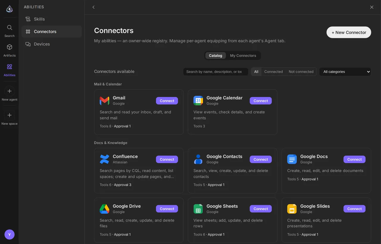 The connector catalog in the app: cards grouped by category, each showing the vendor, what the connector can do, and how many of its tools ask for approval.