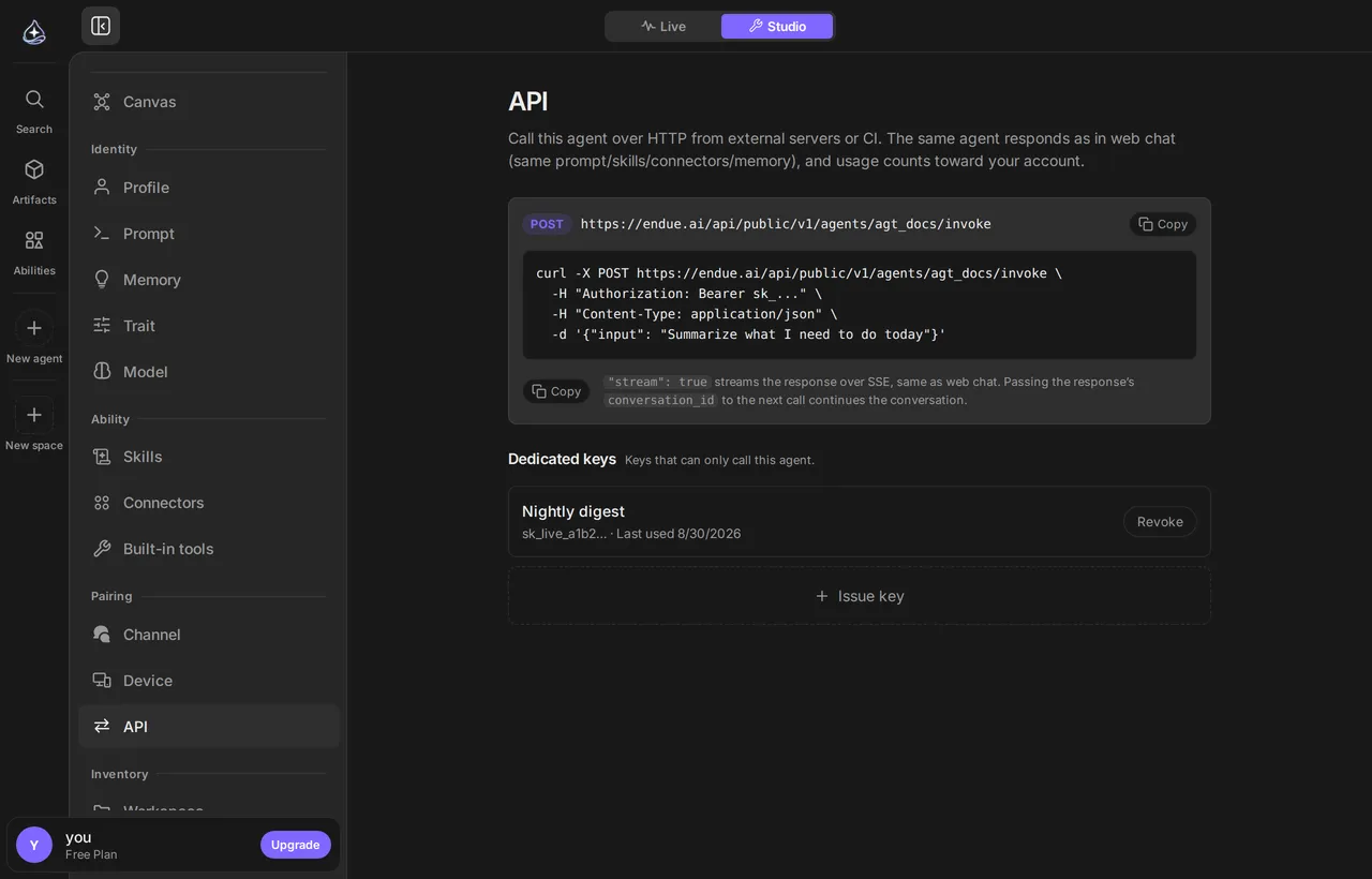 The API section: an issued key listed with its prefix and last use, above a ready-to-copy example request.
