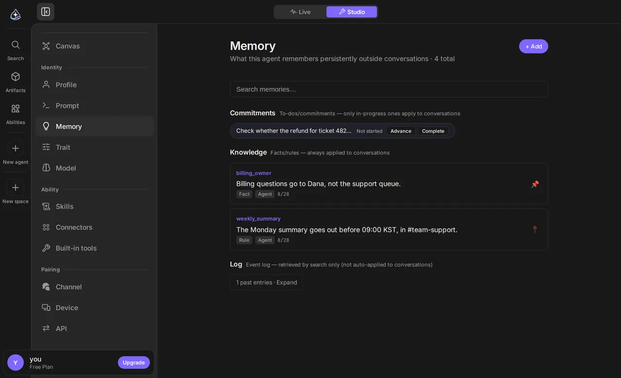 The memory section grouped into Commitments, Knowledge and Log: a refund to check later, a fact about who owns billing, a rule about when the weekly summary goes out, and one past entry collapsed.