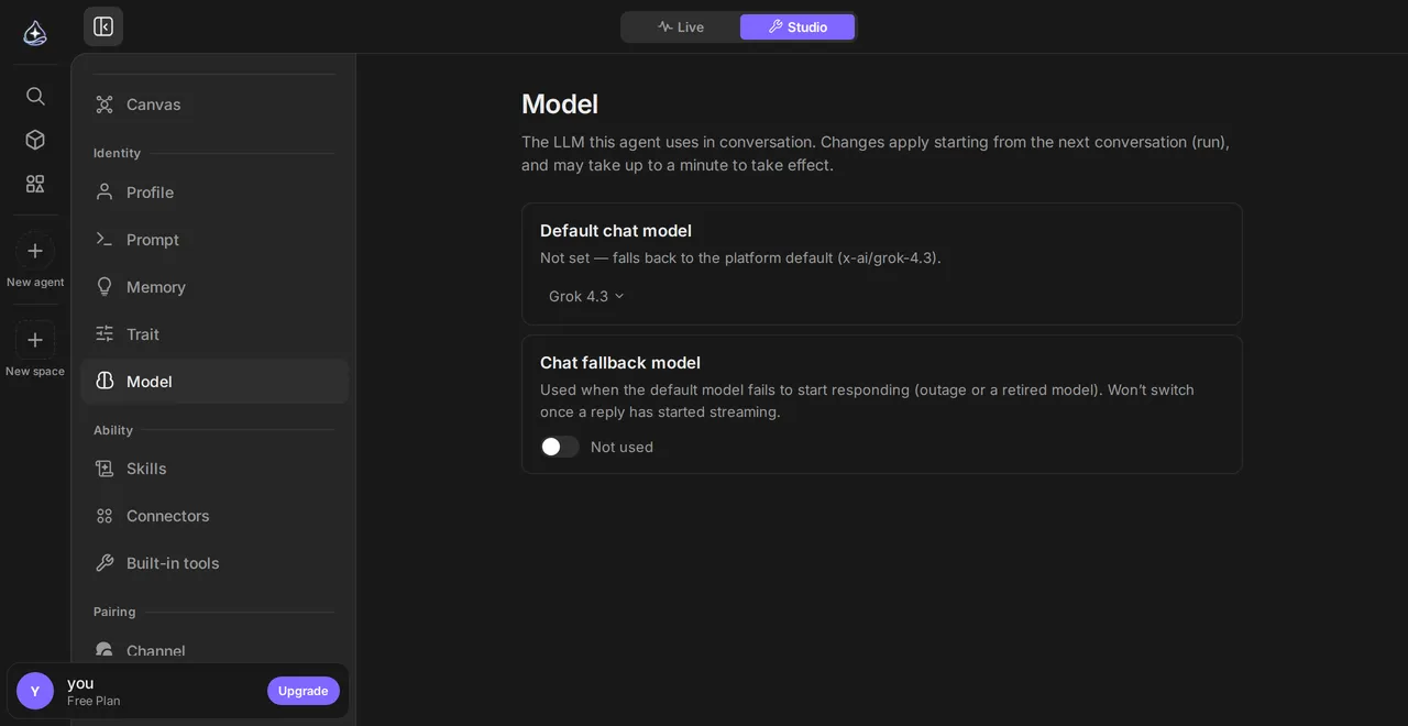 The model section: a default chat model that falls back to the platform default when unset, and a separate fallback model switch that is off.