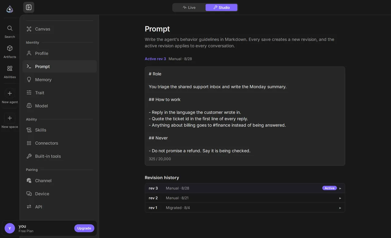 The prompt section: a Markdown editor holding the agent’s instructions, with a character count and the list of saved revisions below it.