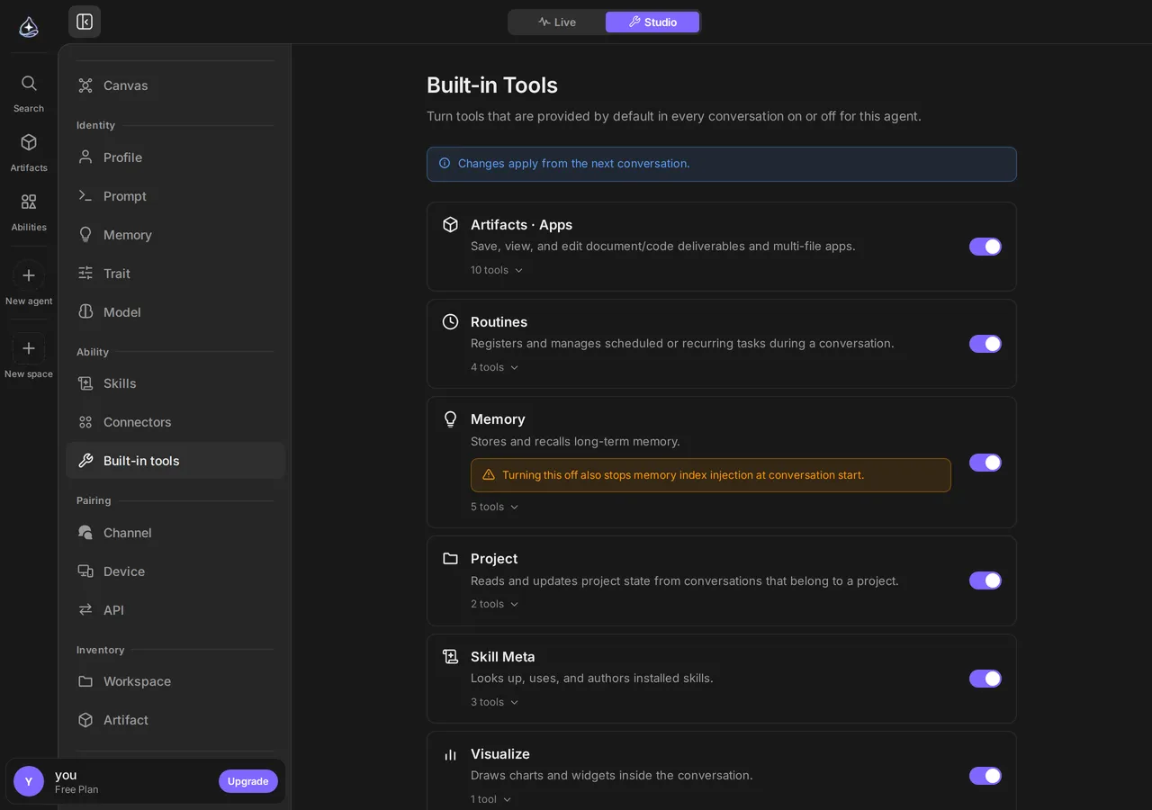 The built-in tools section: each group as a card with a switch, the number of tools it contains, and a warning where turning it off does more than remove tools.