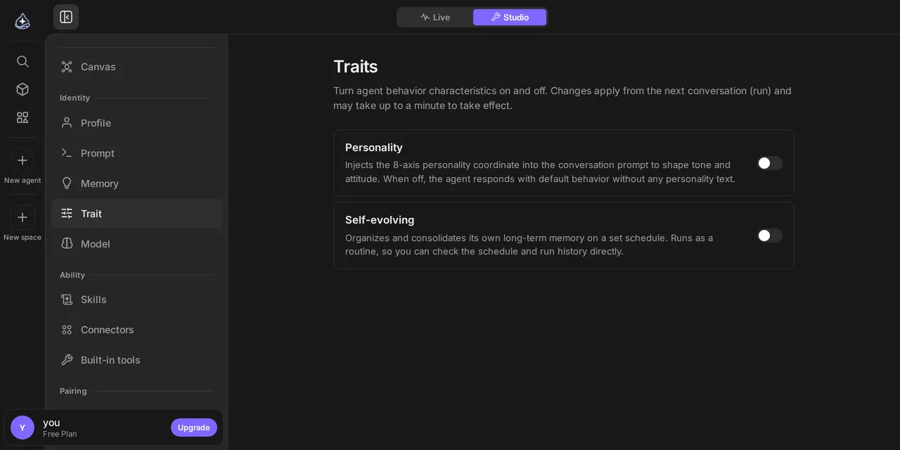 The trait section: Personality and Self-evolving, each a single switch with a sentence explaining what turning it on does.