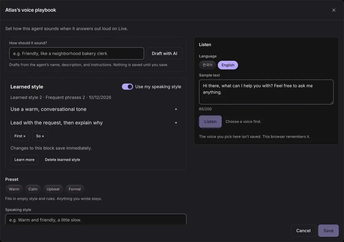 Learned style block with its switch, approved rules and phrases, and learn more and delete buttons.