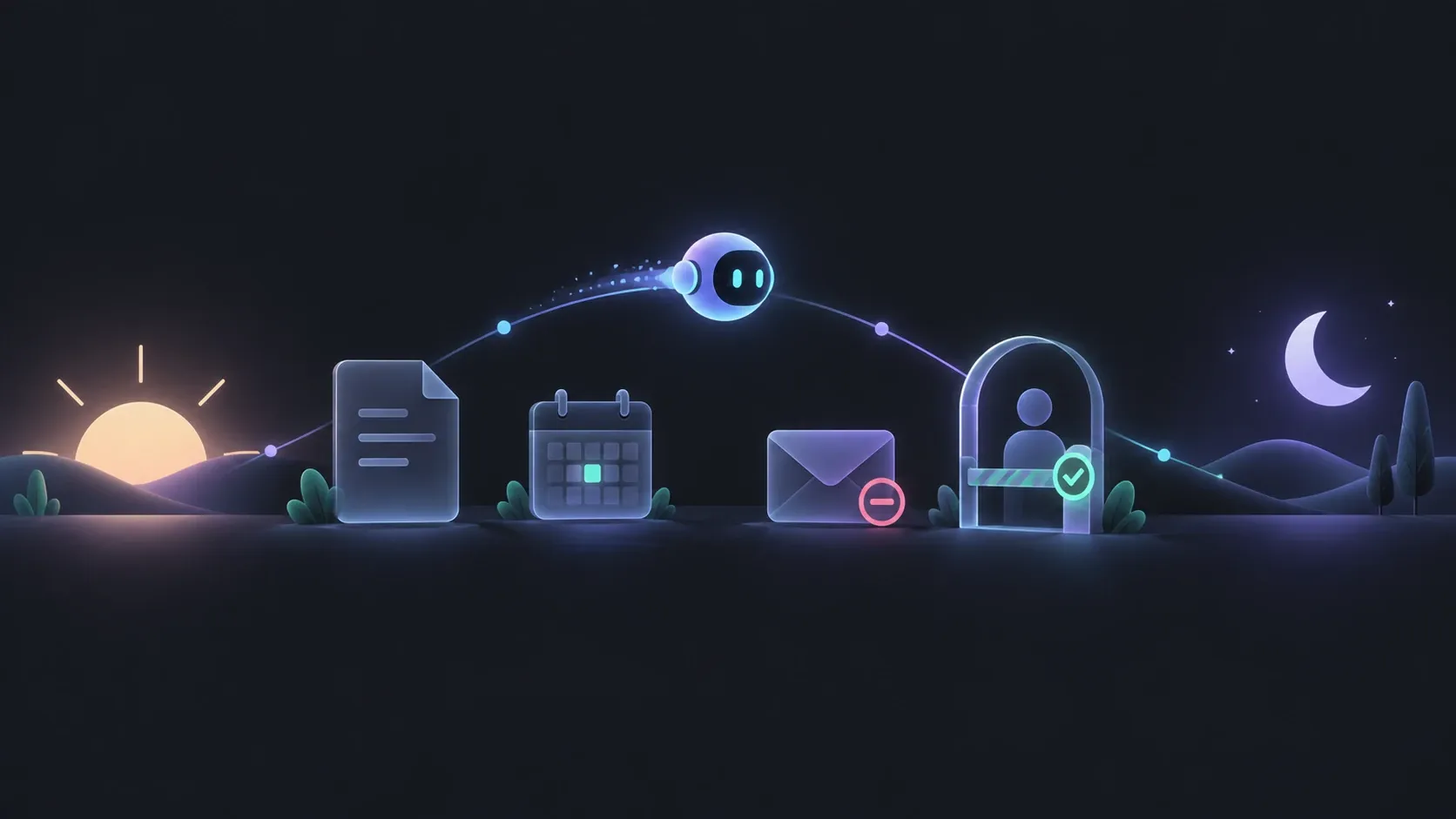 Documents et calendrier jalonnent une journée, avec une approbation humaine avant l’envoi.