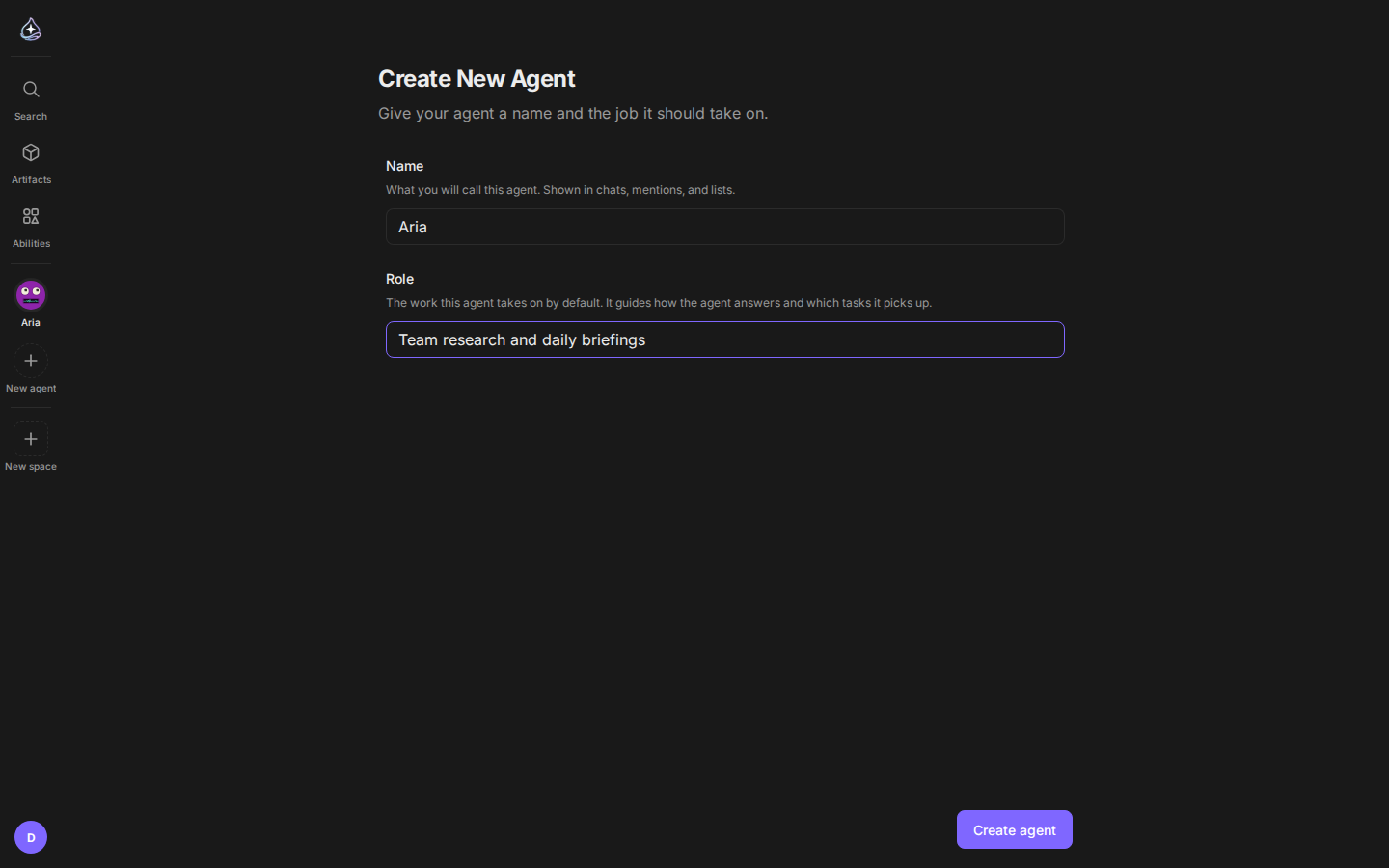 Agent Builder: name and role on a single create screen
