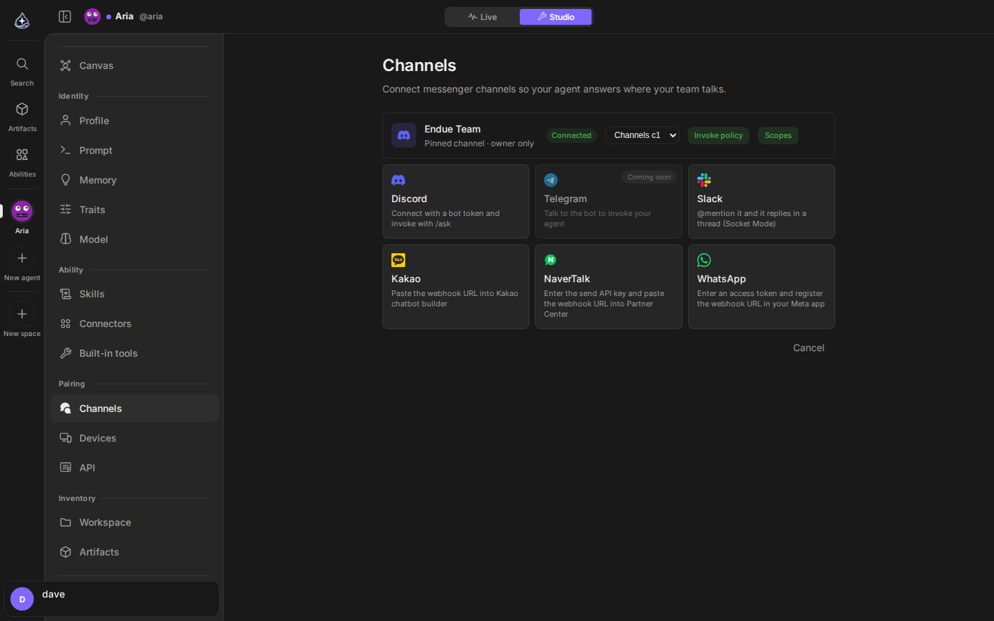 Channels: KakaoTalk, NaverTalk, Slack, Discord, Telegram, and WhatsApp setup cards
