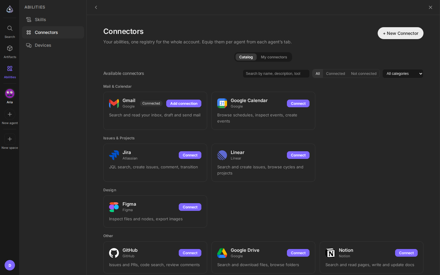 Connector catalog with Gmail, Jira, Figma, Notion, and more