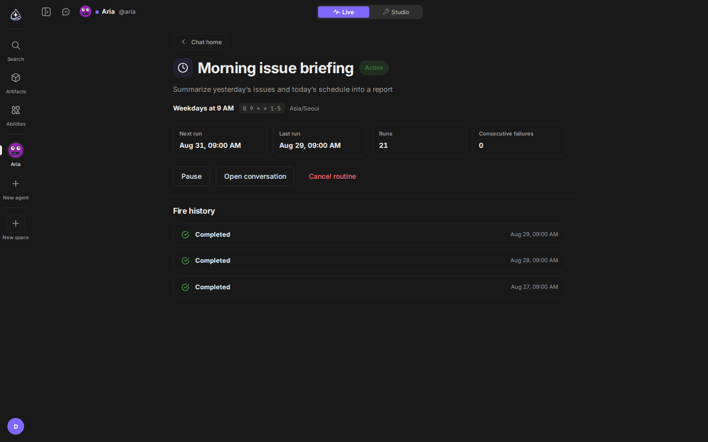 Routine detail: schedule, run stats, and fire history