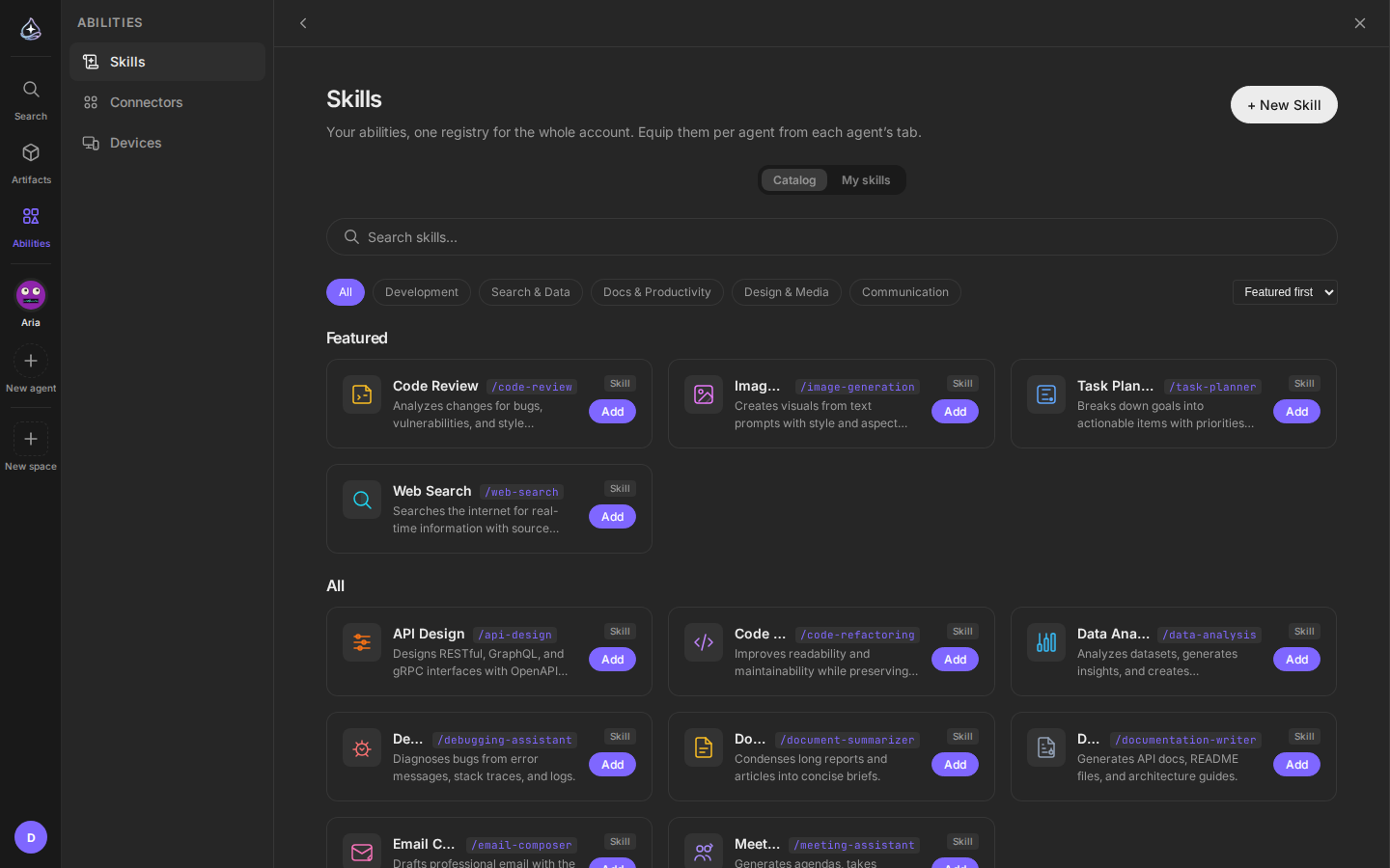 Skill catalog with featured and categorized skills