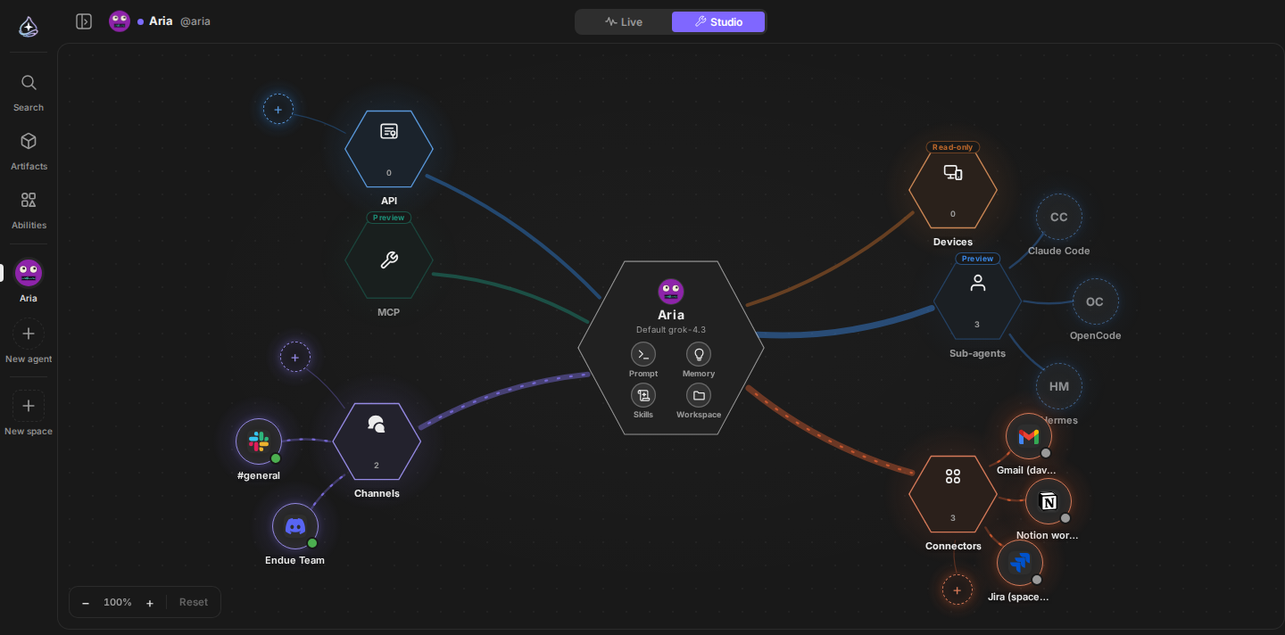 Agent Studio canvas: the agent at the center, with channels, connectors, skills, and devices around it