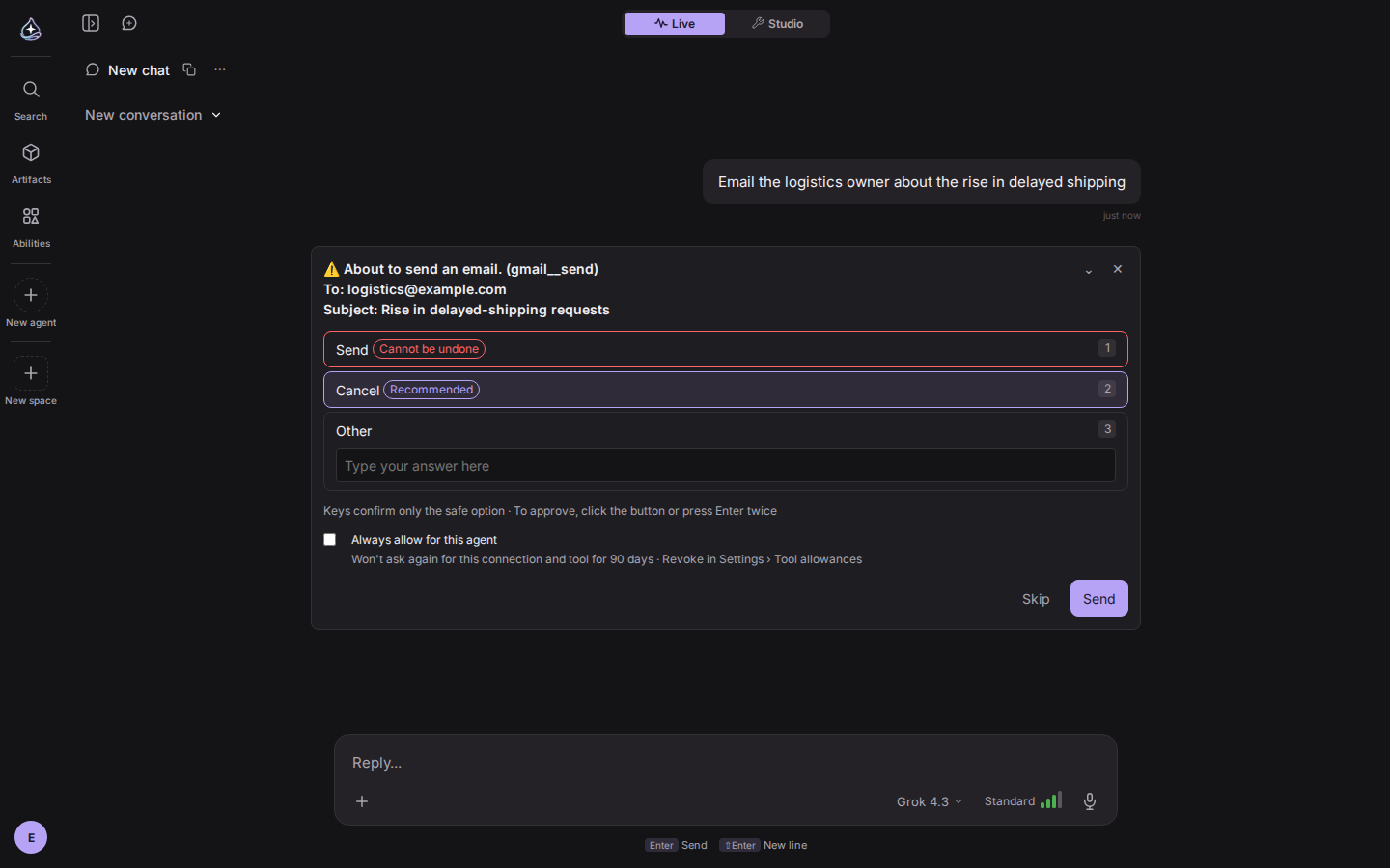 Approval card: send confirmation and the always-allow checkbox
