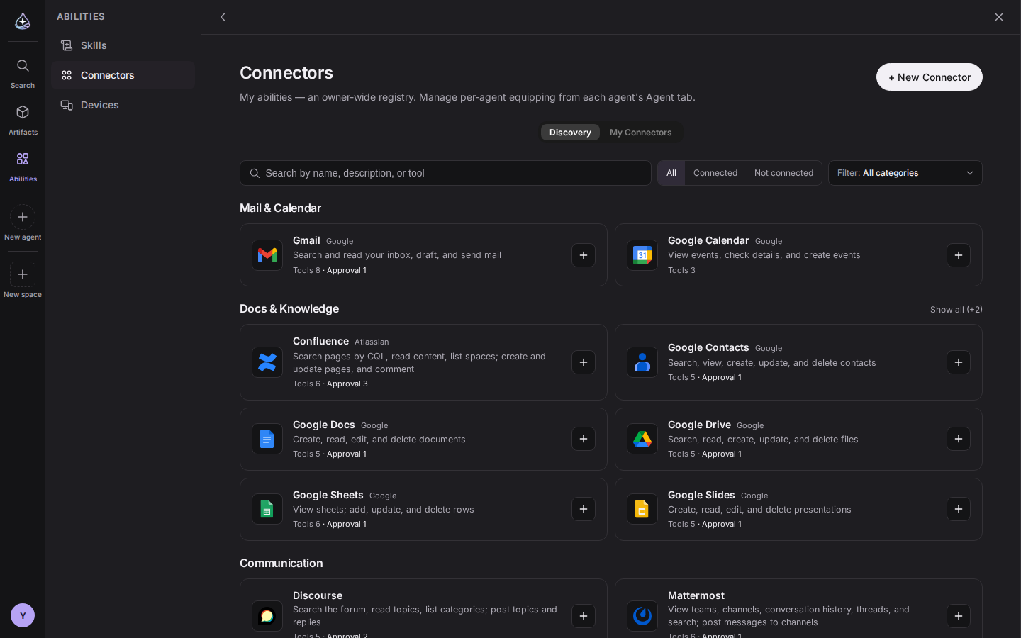 Connector discovery: row cards by category