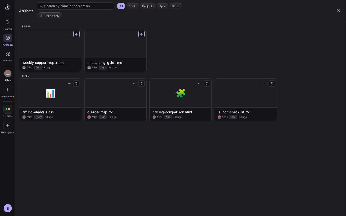 Artifact gallery: search, source filters, pins