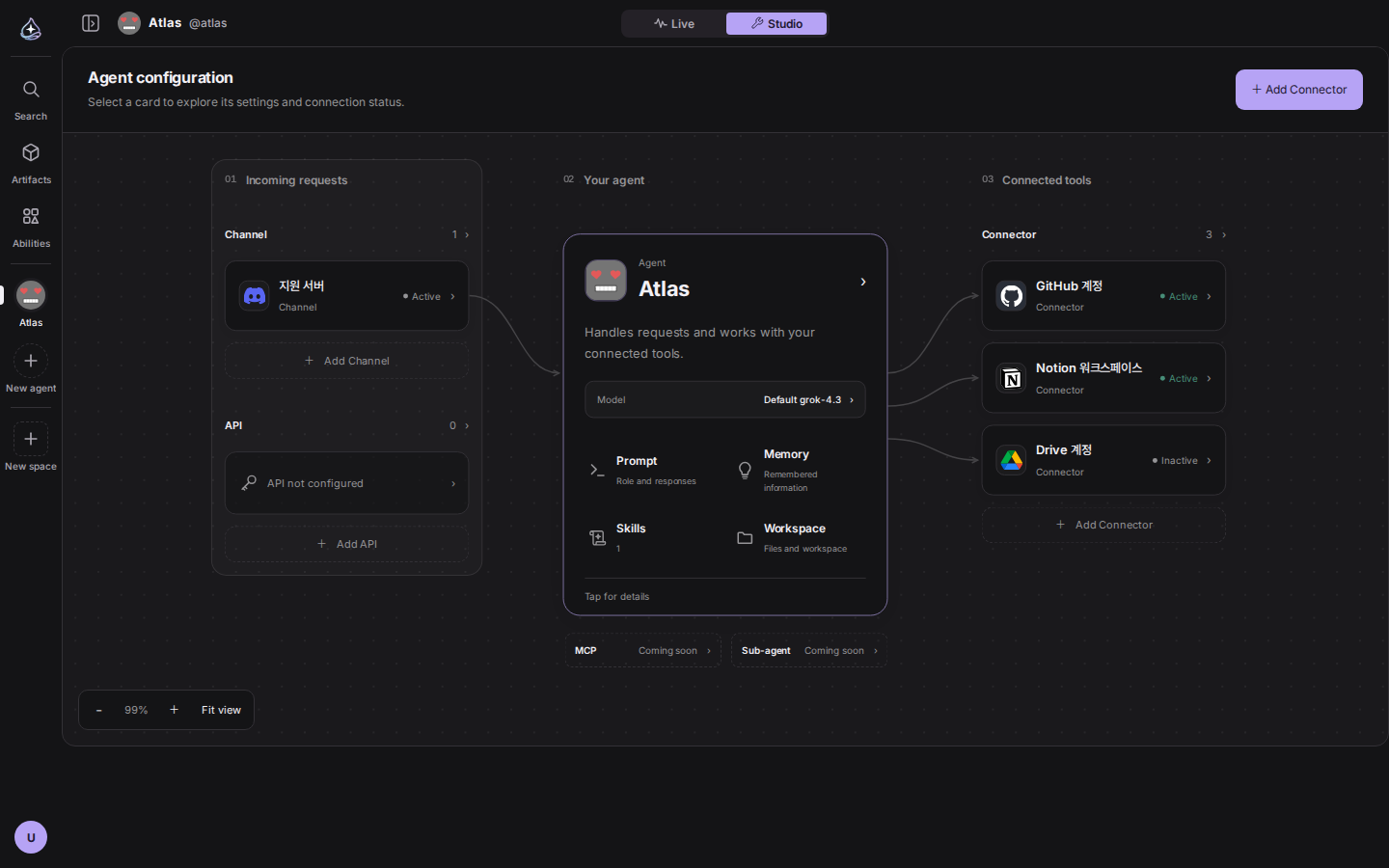 Studio canvas: the agent card in the middle, channels and API on the left, connectors on the right