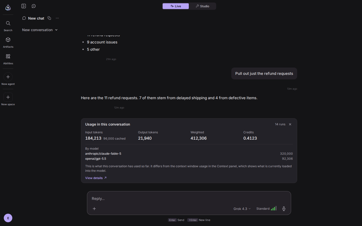/usage card: tokens, weighted total, credits, per model
