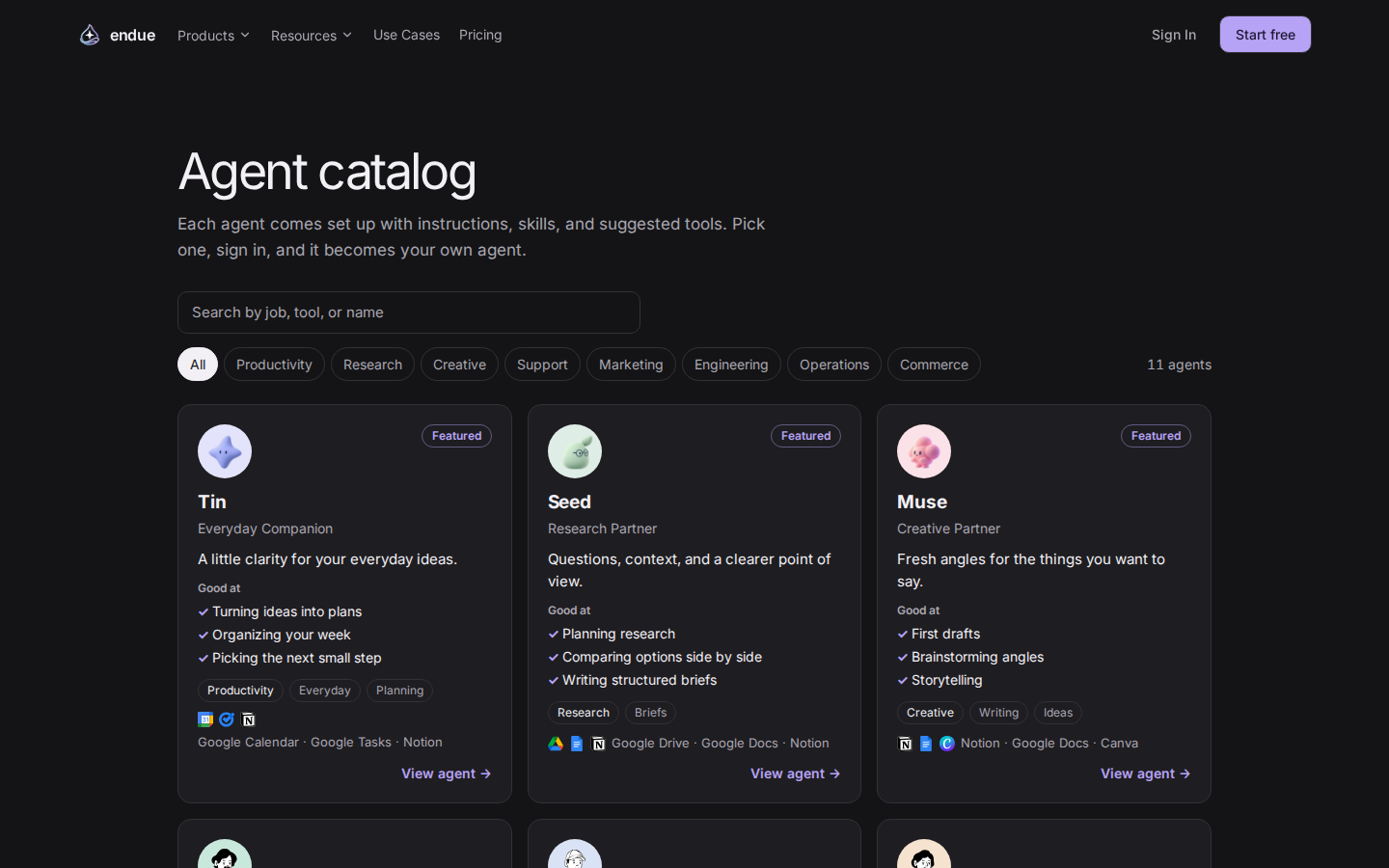 Public agent catalog: category filters and a grid of cards