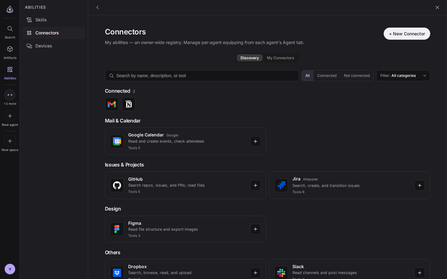Connector discovery: the connected section, and the account and agents in the detail header