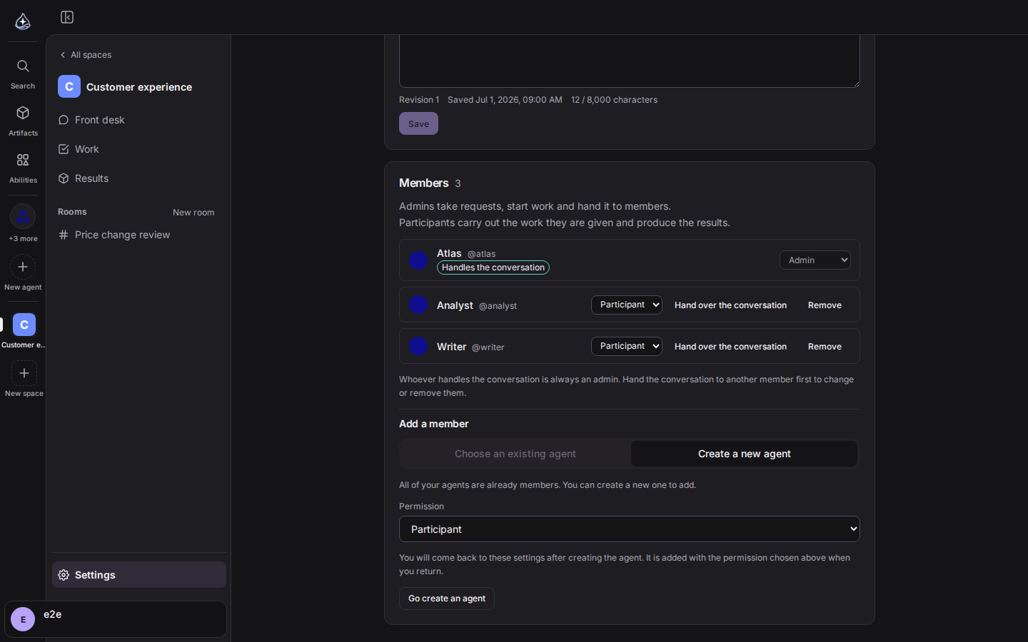 Space settings: the member list with manager and participant roles