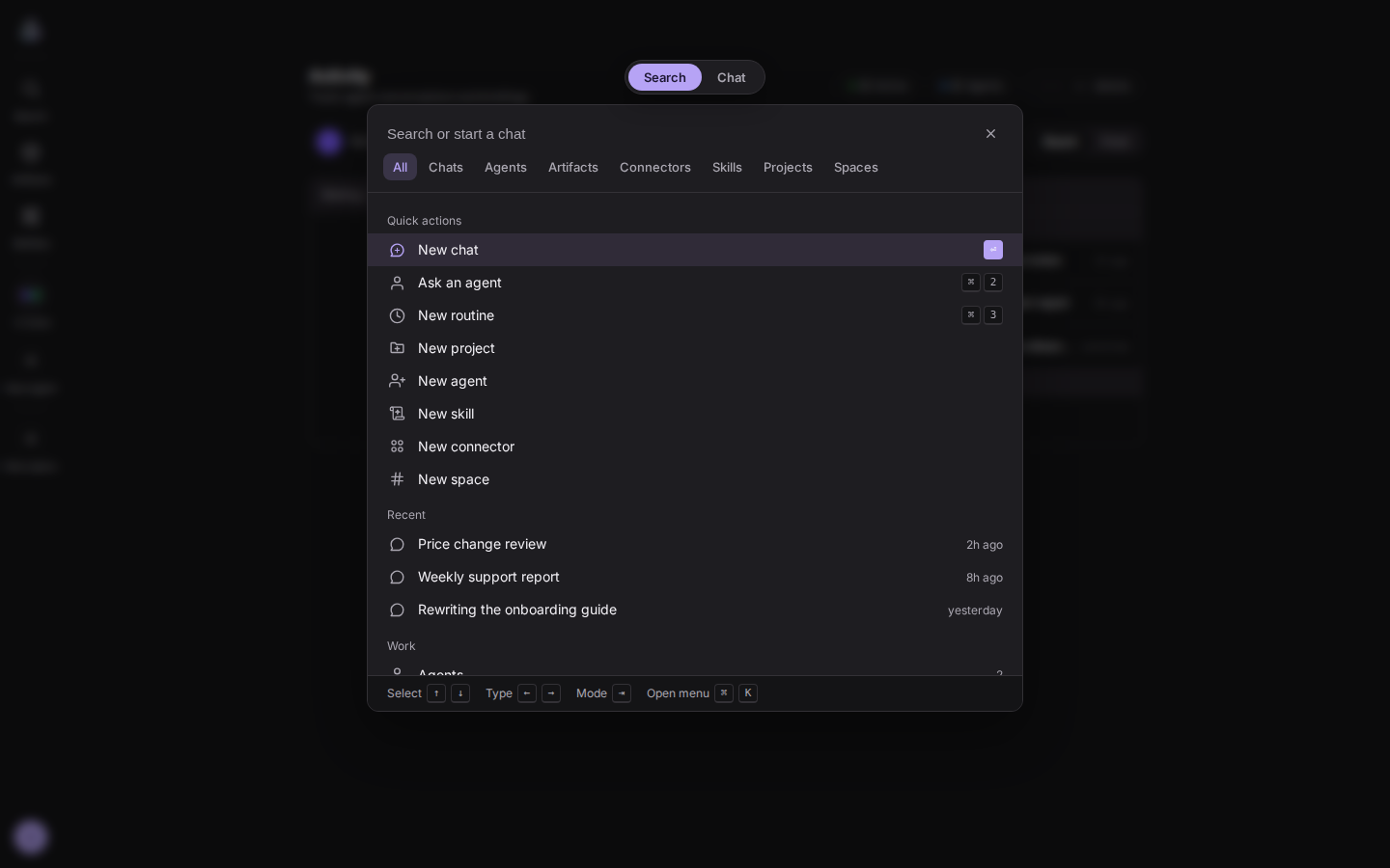 ⌘K palette: search and chat mode tabs on top, with type tabs below