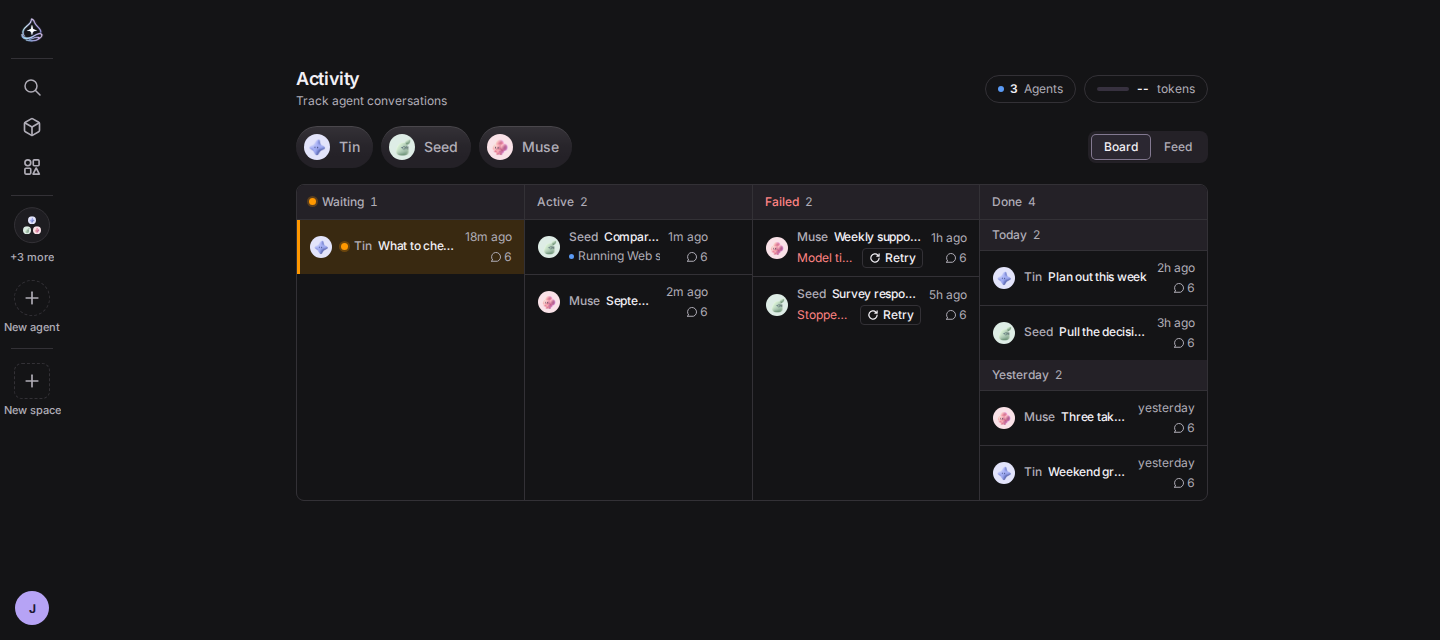 Activity board: waiting, active, failed and done columns with Retry on the failed rows