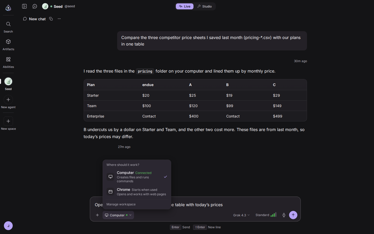 Composer: the environment chip next to the attach button with the Computer and Chrome menu
