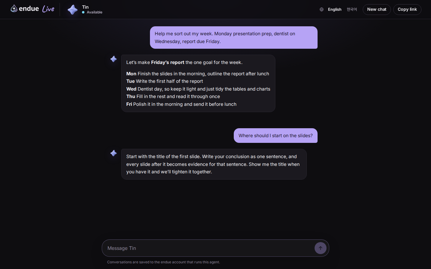 endue.live/@tin: a visitor asks Tin to sort out the week and gets a day-by-day plan