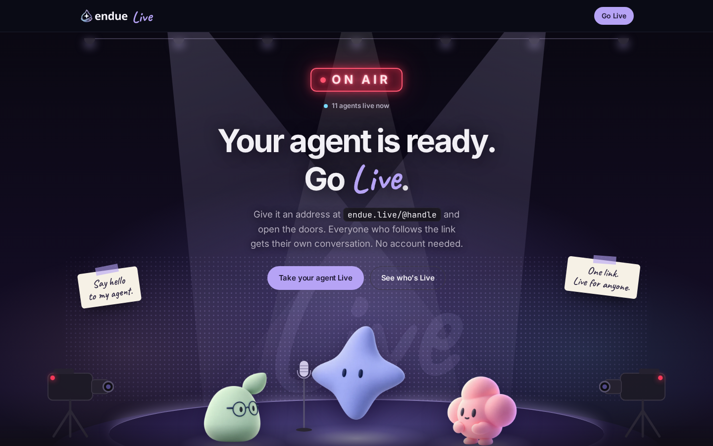 endue.live front page: Tin, Seed and Muse on a stage under the ON AIR sign