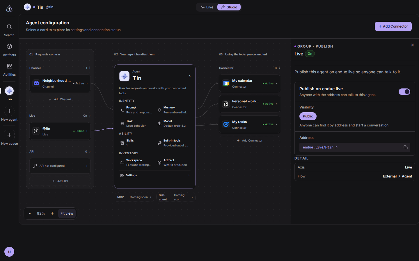 Studio canvas: the Live hub under 01 Requests come in, with the Live panel switched on and the address endue.live/@tin