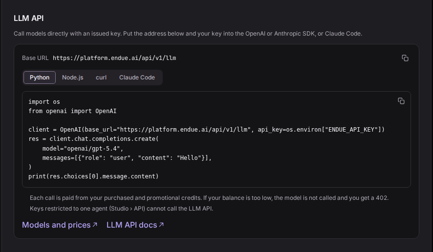 Settings, Account, LLM API: the base URL and a Python example