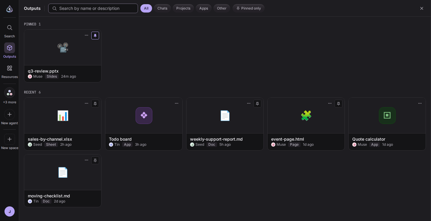 Outputs panel: slides, a sheet, docs, a page and apps in one list