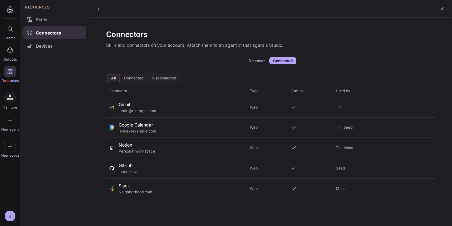 Resources panel: Skills, Connectors and Devices, with the list of connected connectors