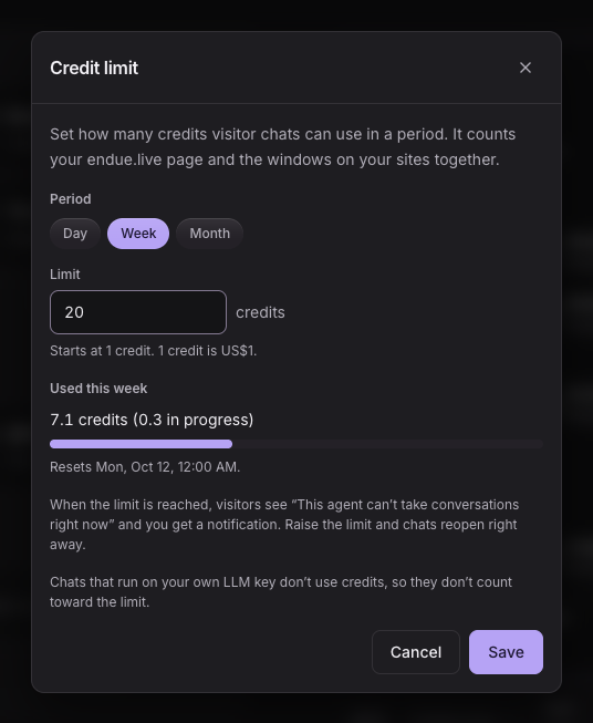 Credit-Limit für Live im Live-Panel: Zeitraum pro Tag, Woche oder Monat und die Zahl der Credits