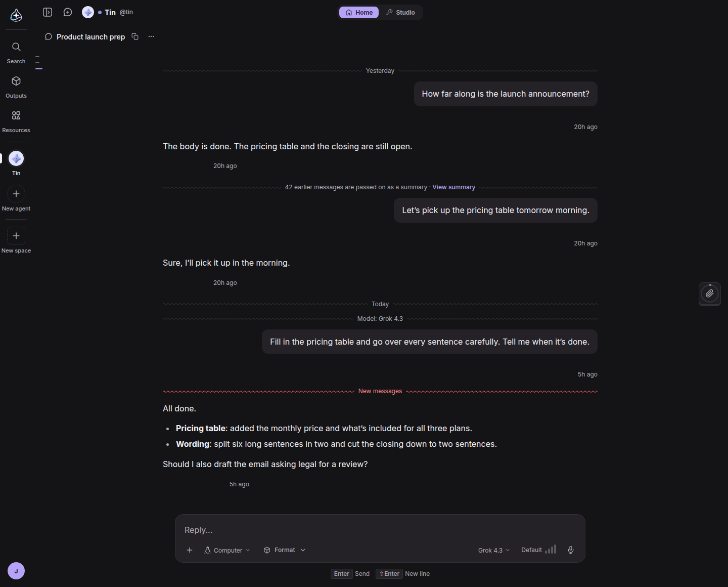長い会話に入る区切り線：要約された位置のView summary、モデルの変更、新しいメッセージ