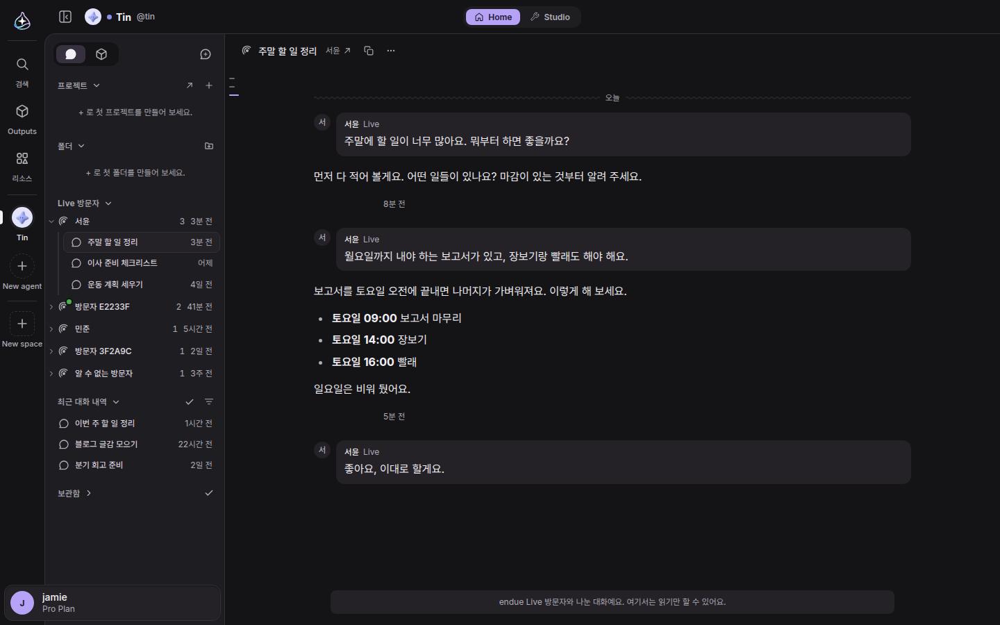 대화 목록의 Live 방문자 구역: 방문자를 펼치면 그 방문자의 대화가 보인다