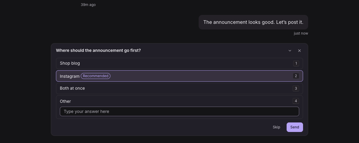 Before: a confirmation question answered by picking from a numbered list
