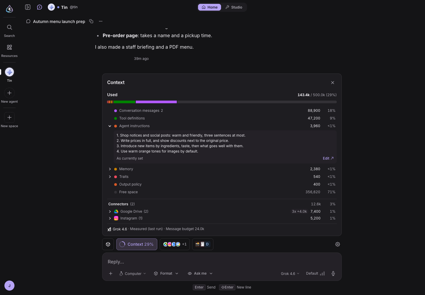 The Context panel: the model, usage by section, and shortcuts to your settings