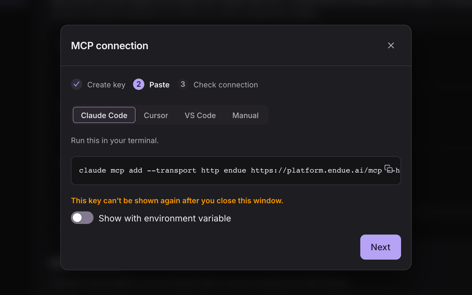 Creating an MCP connection in Settings: create a key, paste, check the connection