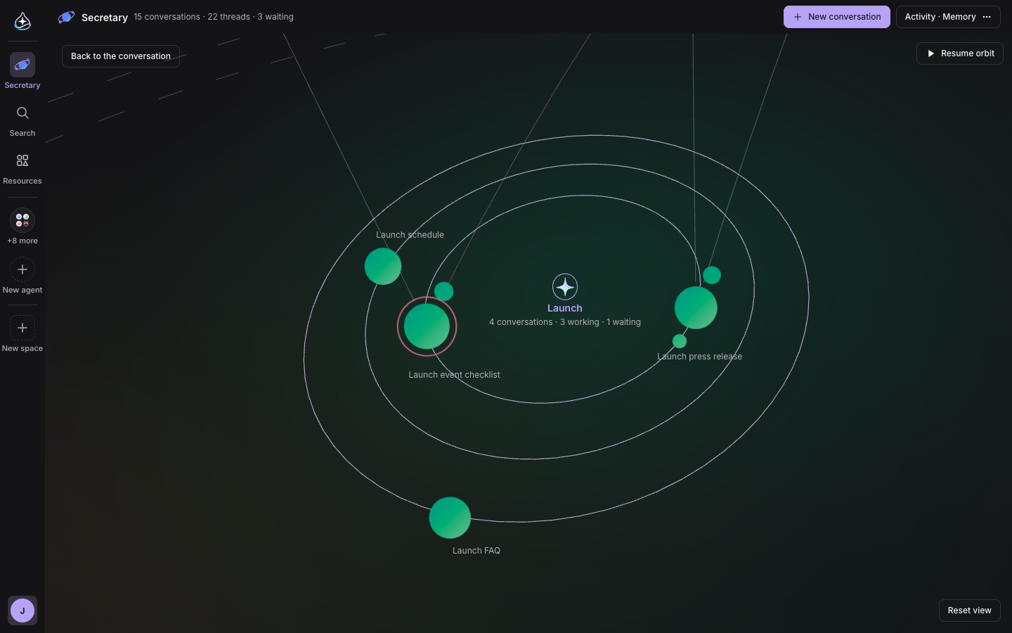 Zoomed into the Launch star: conversations circled by satellites, and a pink ring on the one waiting for you