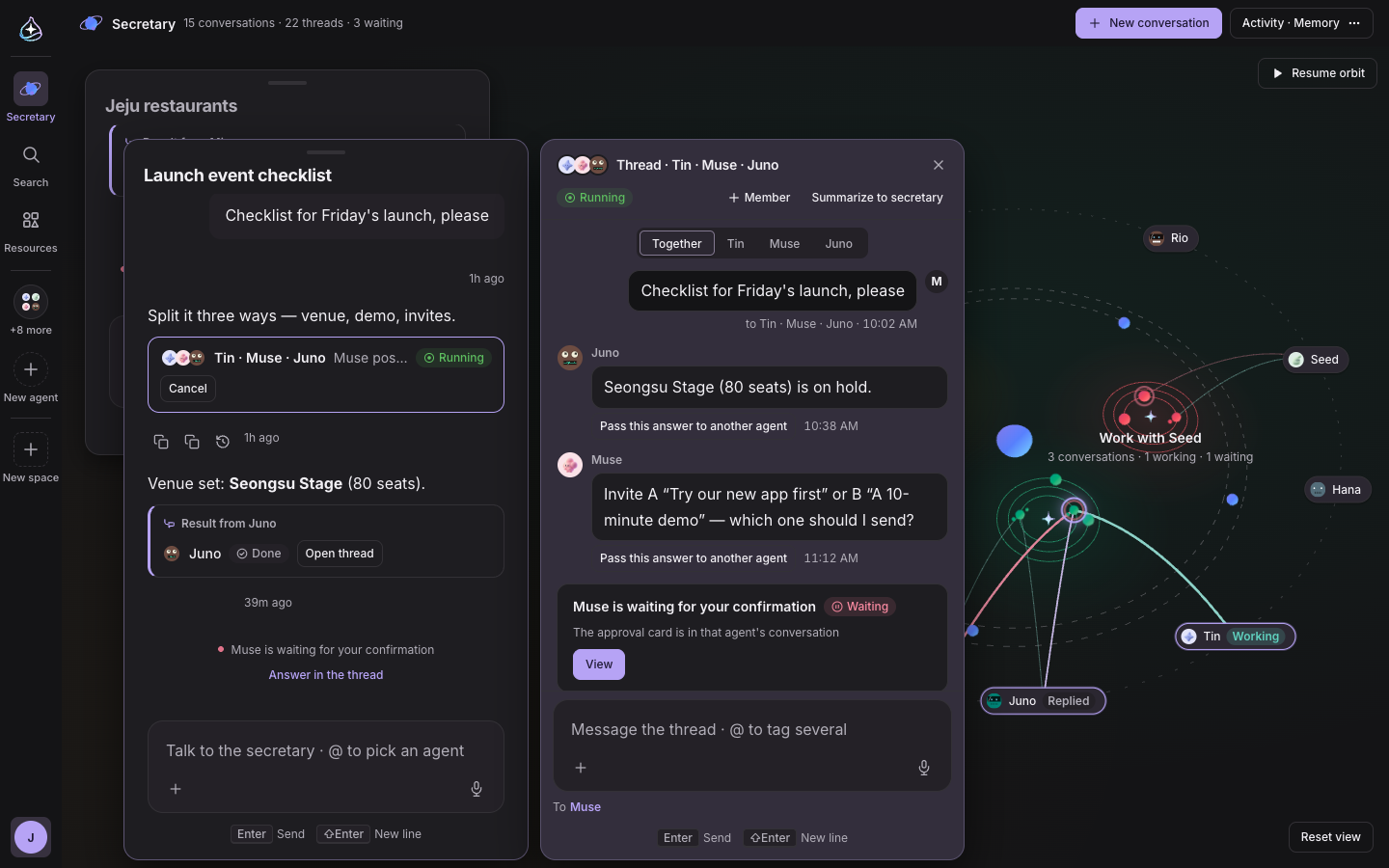 Several conversation windows and a thread column over the galaxy