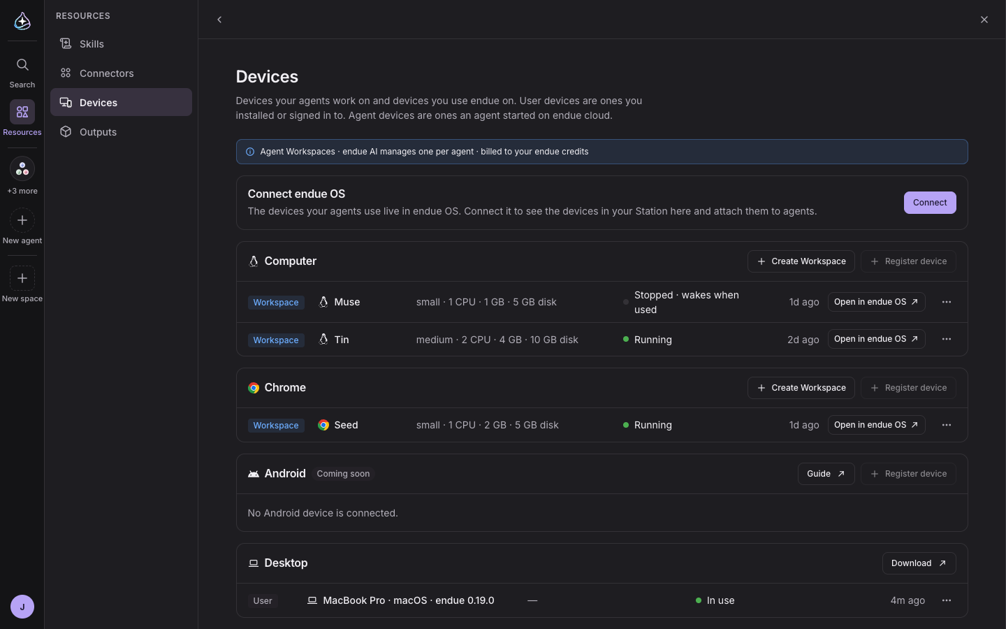 Agent Workspaces under Resources › Devices: each agent’s Linux and Chrome Workspace with status, size and Open in endue OS