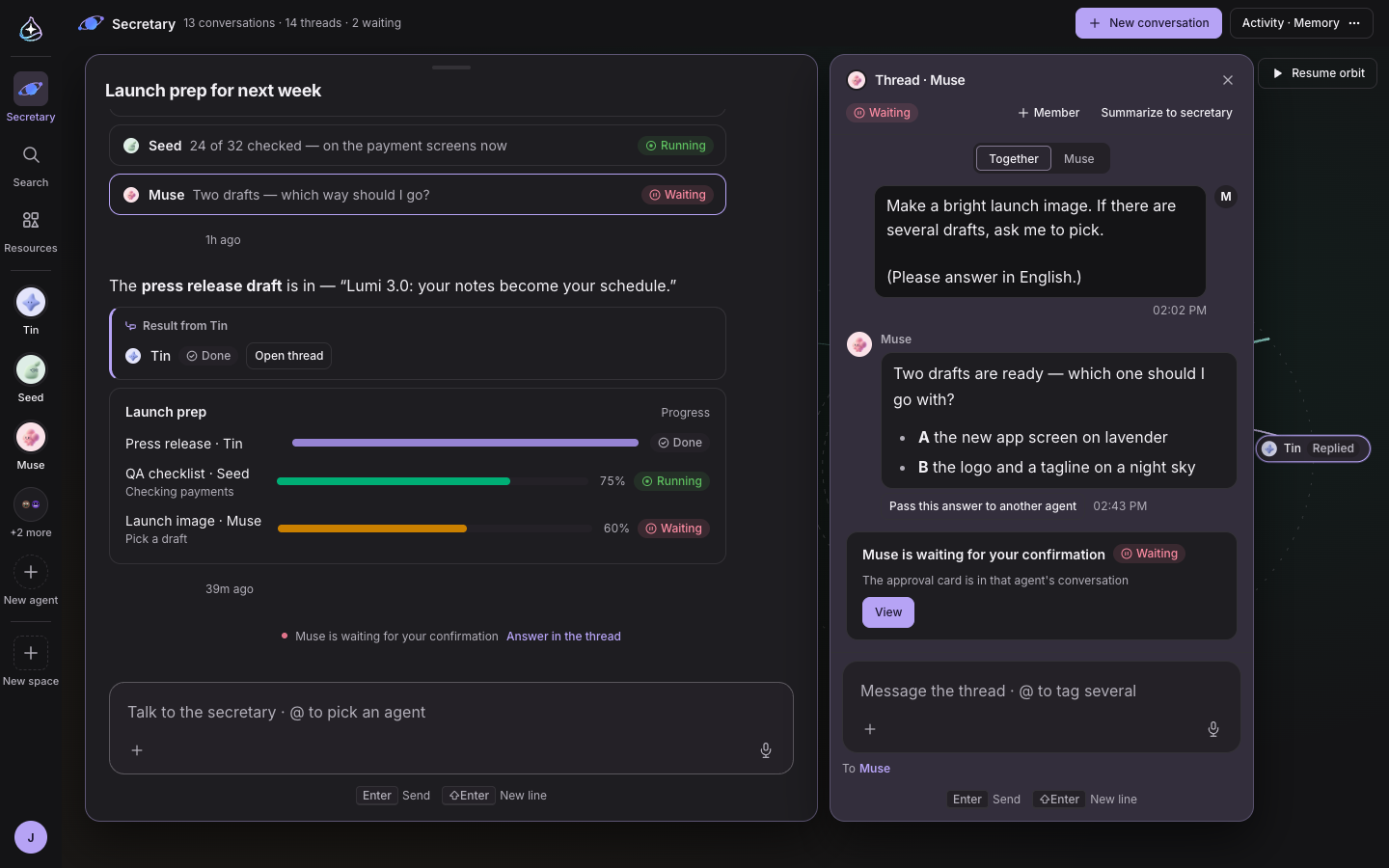 The thread column beside the chat window: answer an agent directly or pass its answer to another agent