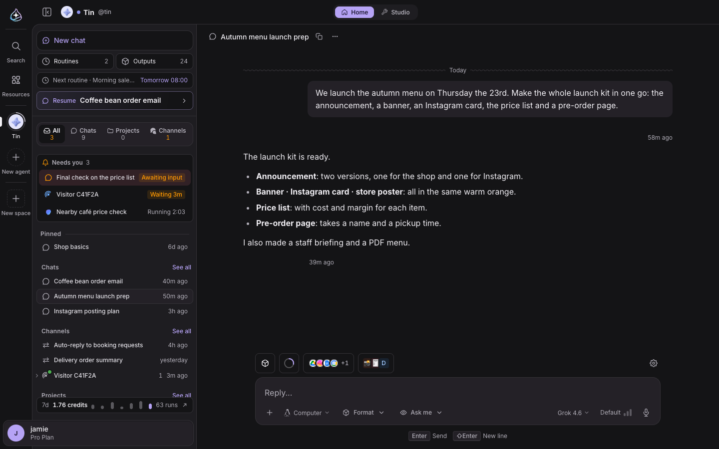 After: New chat, Routines and Outputs, the next routine and Resume, and All · Chats · Projects · Channels tabs with Needs you