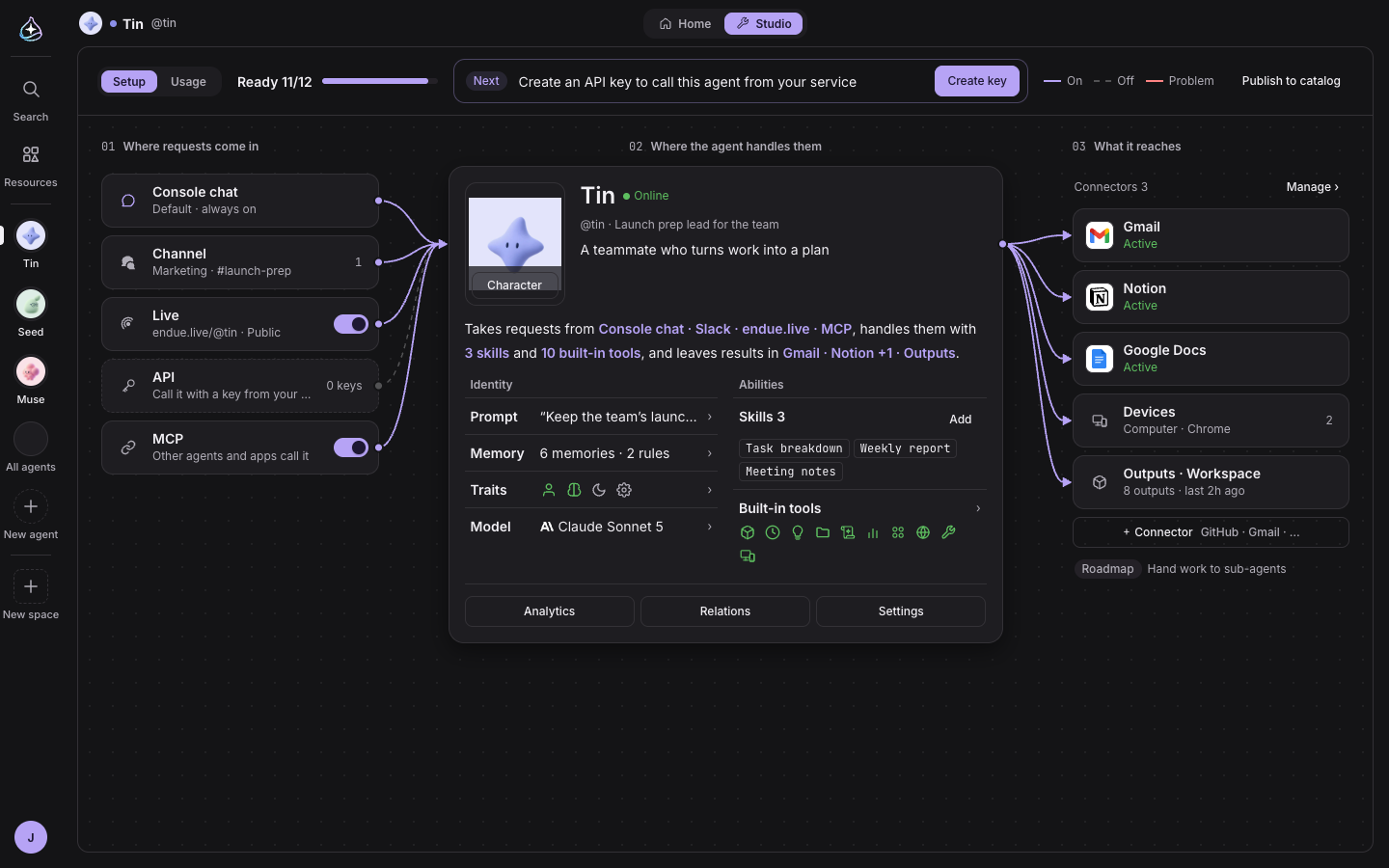 The new Studio: a three-column board — where requests come in, the agent, and what it reaches